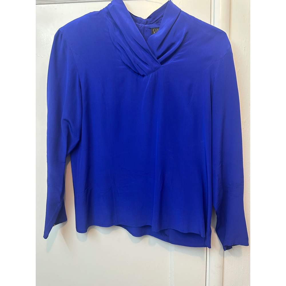 Classiques Entier Royal‎ Blue 100% Silk Draped Neck Blouse Back Button Size 12